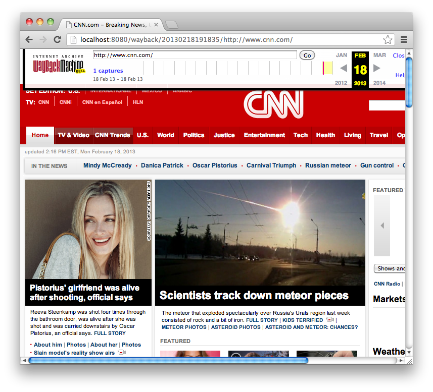 Wayback columned interface showing that an archived instance has been created from cnn.com.